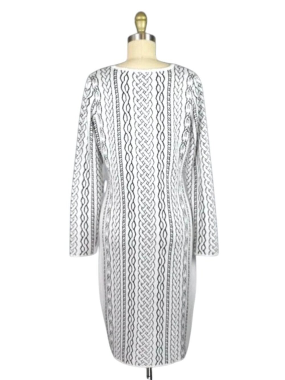 CALVIN KLEIN CABLE PRINT WHITE LONG SLEEVE SWEATER DRESS - Picture 7 of 9